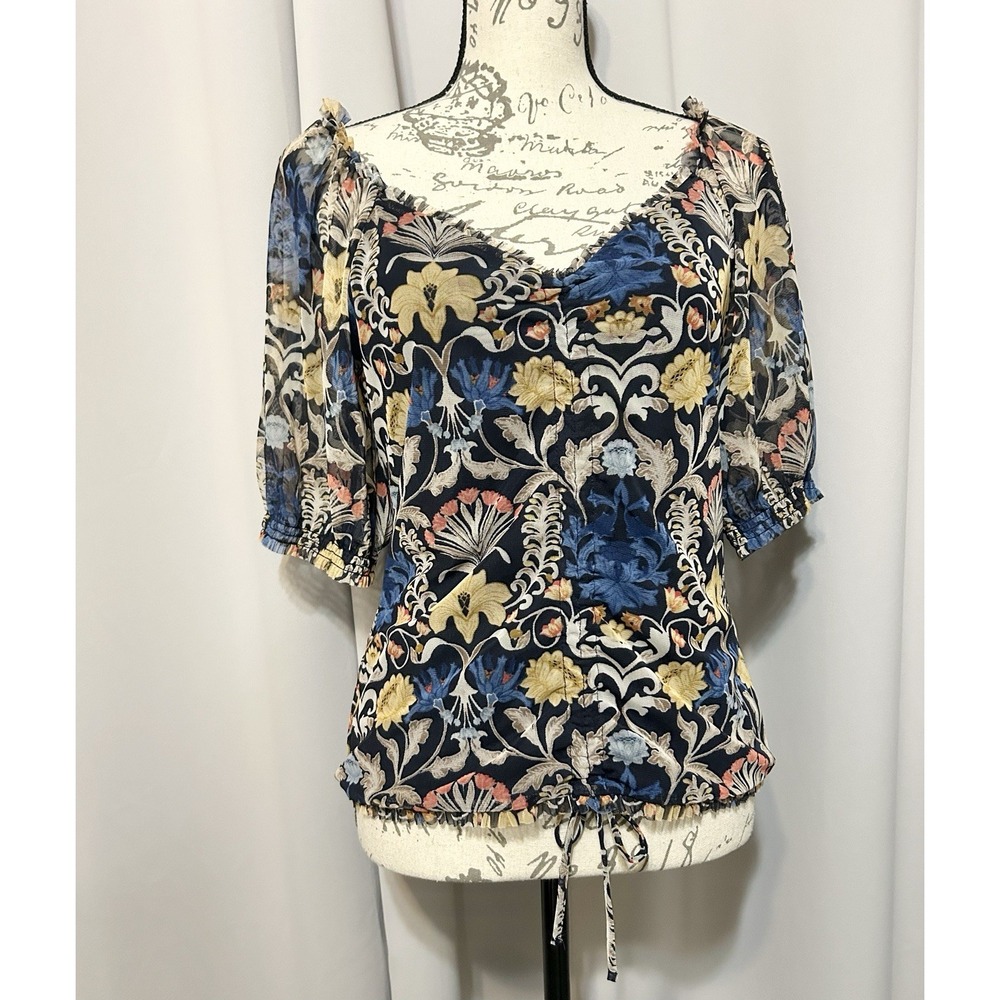 INC Ruched Whimsi Fairy Grunge Blouse Short Sleeve Mesh Top M Artsy Y2K